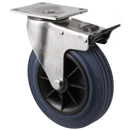 250kg Rated Industrial Stainless Steel Hi Resilience Castor - Rubber Tyre - 200mm - Plate Brake - Plain Bearing - NA