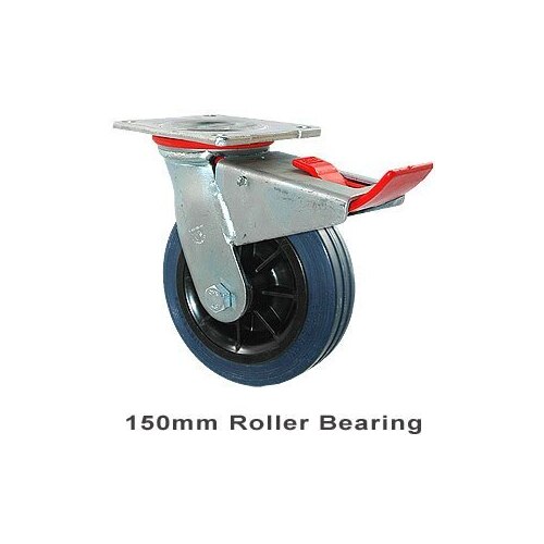 230kg Rated Industrial Hi Resilience Castor - Rubber Tyre - 150mm - Plate Brake - Roller Bearing - ISO