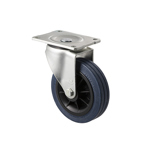 230kg Rated Industrial Hi Resilience Castor - Rubber Tyre - 150mm - Plate Swivel - Roller Bearing - NA