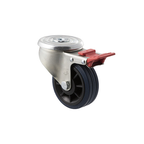 150kg Rated Industrial High Resilience Castor - Rubber Tyre - 100 mm - Bolt Hole Brake - Plain Bearing