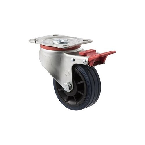 150kg Rated Industrial High Resilience Castor - Rubber Tyre - 100mm - Plate Brake - Plain Bearing