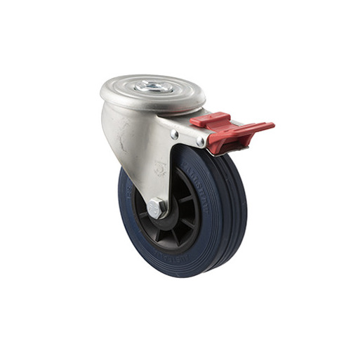 180kg Rated Industrial High Resilience Castor - Rubber Tyre - 125 mm - Bolt Hole Brake - Plain Bearing