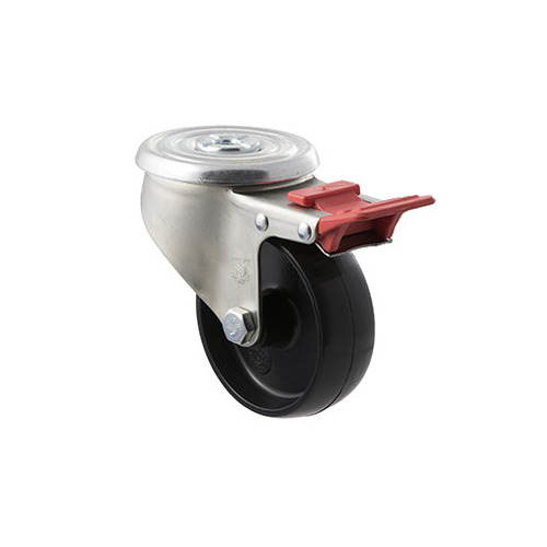 300kg Rated Industrial Castors - Nylon Wheel - 100mm - Bolt Hole Brake - Plain Bearing