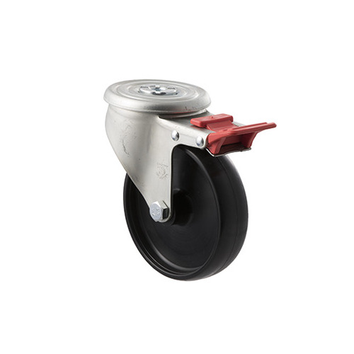 300kg Rated Industrial Castors - Nylon Wheel - 125mm - Bolt Hole Brake - Plain Bearing