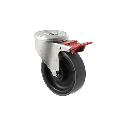 300kg Rated Industrial Castors - Polyurethene Wheel - 125mm - Bolt Hole Brake - Plain Bearing