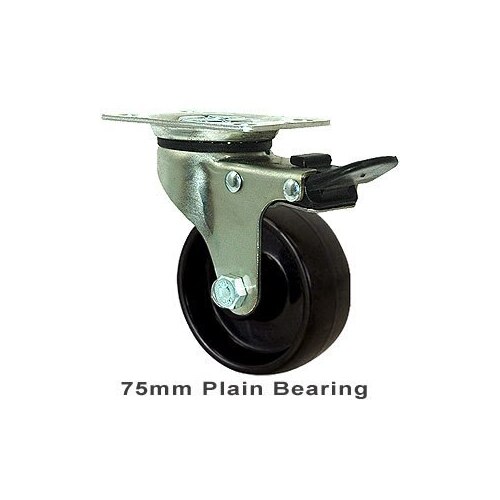 65kg Rated Light Duty Castor - Nylon Wheel - 75mm - Plate Brake - Plain Bearing