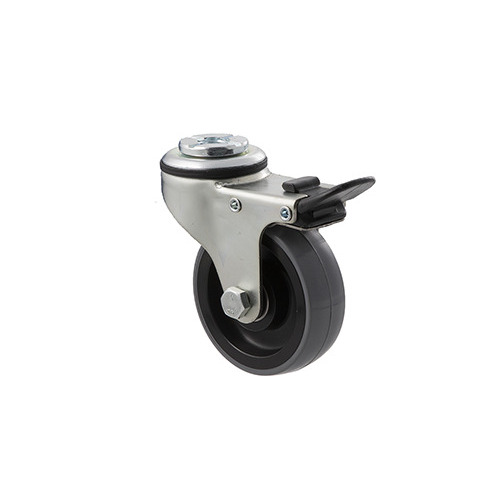 100kg Rated Industrial Castor - Polyurethane Wheel - 75mm - Bolt Hole Brake - Ball Bearing