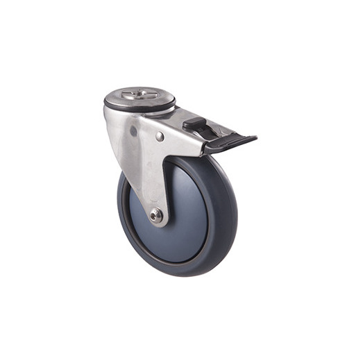 85kg Rated Stainless Steel Heavy Duty Castor - TPE Wheel - 125mm - Bolt Hole Brake - Plain Bearing