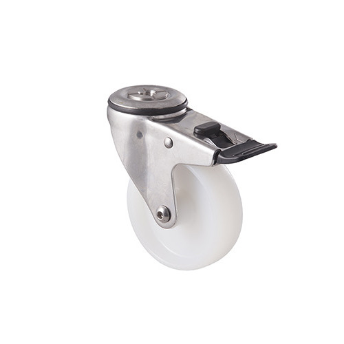 150kg Rated Stainless Steel Heavy Duty Castor - Nylon Wheel - 100mm - Bolt Hole Brake - Plain Bearing