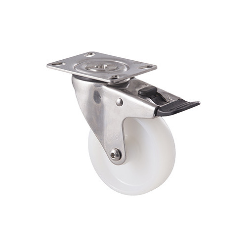 150kg Rated Stainless Steel Heavy Duty Castor - Nylon Wheel - 100mm - Plate Brake - Plain Bearing - ISO