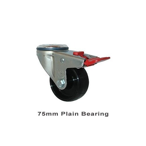 150kg Rated Industrial Castor - Nylon Wheel - 75mm - Bolt Hole Brake - Plain Bearing