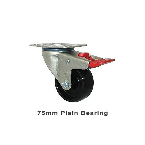 150kg Rated Industrial Castor - Nylon Wheel - 75mm - Plate Brake - Plain Bearing - NA