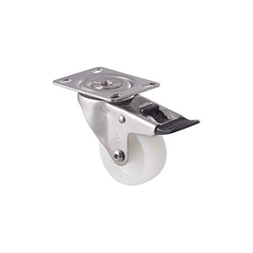 150kg Rated Stainless Steel Heavy Duty Castor - Nylon Wheel - 75mm - Plate Brake - Plain Bearing - ISO