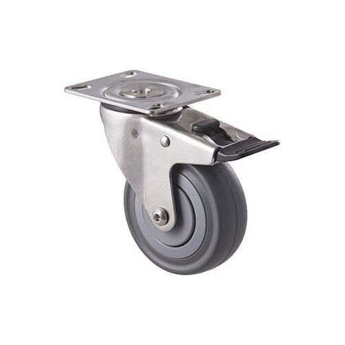 140kg Rated Stainless Steel Heavy Duty Castor - Grey Rubber Wheel - 100mm - Plate Brake - Plain Bearing - ISO