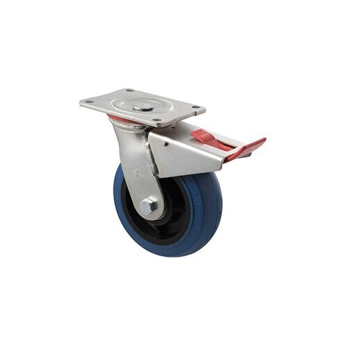 400kg Rated Industrial Hi Resilience Castor - Rubber Wheel - 150mm - Plate Brake - Ball Bearing - NA