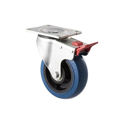 400kg Rated Industrial Hi Resilience Castor - Rubber Wheel - 150mm - Plate Brake - Ball Bearing - ISO
