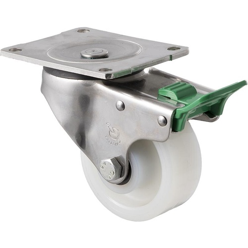 350kg Rated Stainless Steel Heavy Duty Castor - White Nylon Wheel - 100mm - Plate Direction Lock - Plain Bearing - ISO