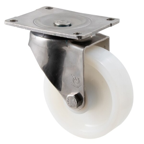 450kg Rated Stainless Steel Heavy Duty Castor - White Nylon Wheel - 150mm - Plate Swivel - Plain Bearing - ISO