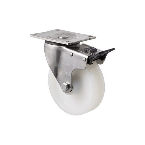 450kg Rated Stainless Steel Heavy Duty Castor - White Nylon Wheel - 150mm - Plate Brake - Plain Bearing - NA