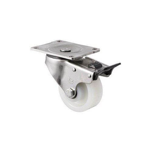 350kg Rated Stainless Steel Heavy Duty Castor - White Nylon Wheel - 100mm - Plate Brake - Roller Bearing - NA