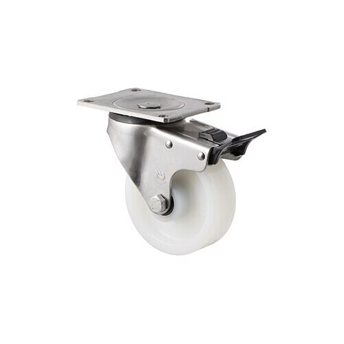 380kg Rated Stainless Steel Heavy Duty Castor -White Nylon Wheel - 125mm - Plate Brake - Roller Bearing - ISO