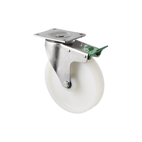 500kg Rated Stainless Steel Heavy Duty Castor - White Nylon Wheel - 200mm - Plate Direction Lock - Roller Bearing - ISO