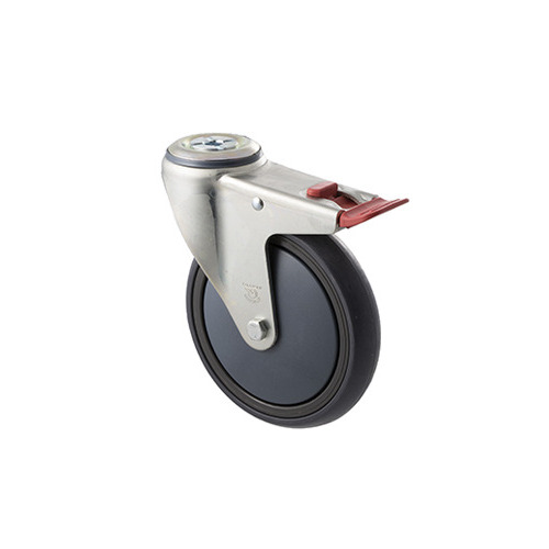 200kg Rated Industrial Castor - Grey Rubber Wheel - 150mm - Bolt Hole Brake - Plain Bearing