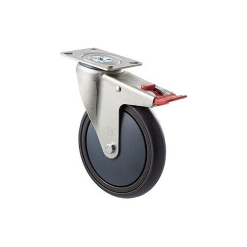 200kg Rated Industrial Castor - Grey Rubber Wheel - 150mm - Plate Brake - Plain Bearing - NA