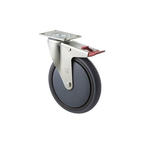 200kg Rated Industrial Castor - Grey Rubber Wheel - 175mm - Plate Brake - Plain Bearing - ISO