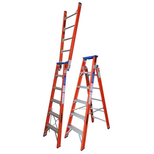 Indalex 6 - 8 Steps 150kg Rated Durable Heavy Duty Industrial Dual Purpose "Up n Up" Fibreglass Ladder